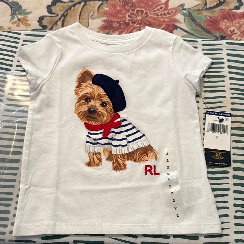 Ralph Lauren White Kids T-Shirt with Dog Design.For two years old .
